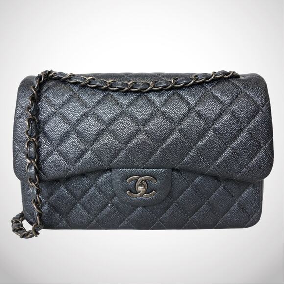 CHANEL 15C Dark Gray (Metallic) Jumbo Classic Caviar Double Flap Bag Ruthenium - Picture 1 of 10